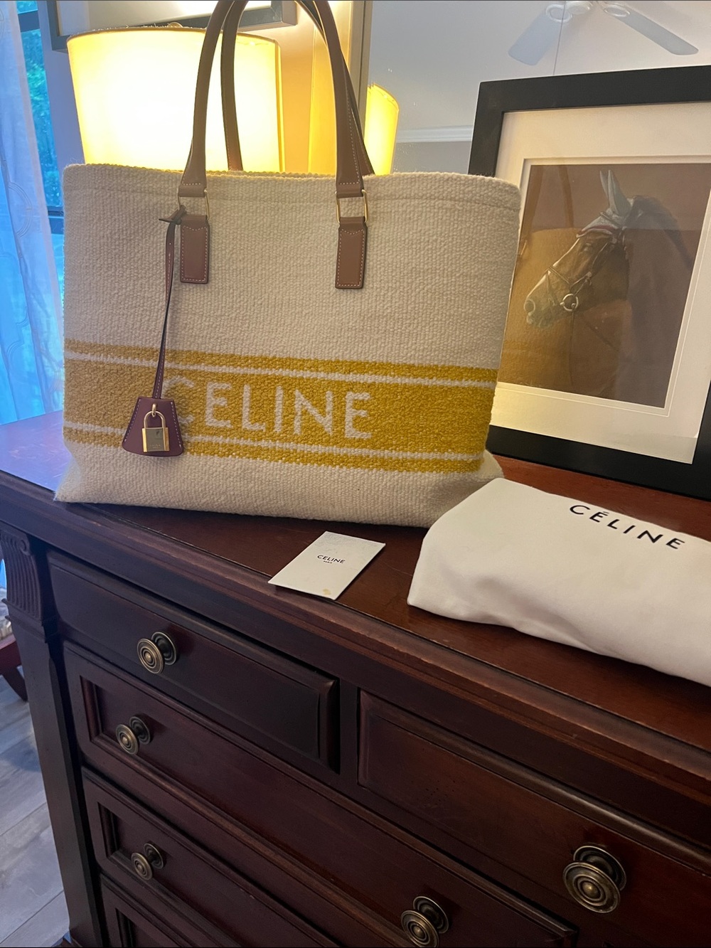Celine Cream Canvas Tote with Mustard Stripe & Brown Leather Handles